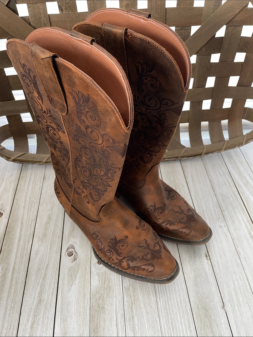 Roper Brown Embossed Western Heeled Boots - Women's